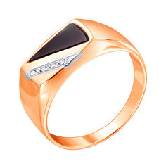 Акция на Золотой перстень-печатка в комбинированном цвете с цирконием и черным ониксом 000117642 000117642 22.5 размера от Zlato