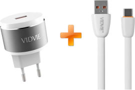 Акція на Сетевое зарядное устройство Vidvie PLE211Q 1USB 1.5A + USB Type-C cable White-Silver (6970280941444) від Rozetka UA