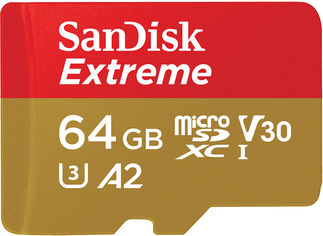 Акція на SanDisk Extreme microSDXC 64GB A2 C10 V30 UHS-I U3 + SD адаптер (SDSQXA2-064G-GN6MA) від Rozetka UA