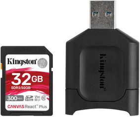 Акція на Kingston SDHC 32GB Canvas React Plus Class 10 UHS-II U3 V90 + USB-кардридер (MLPR2/32GB) від Rozetka UA