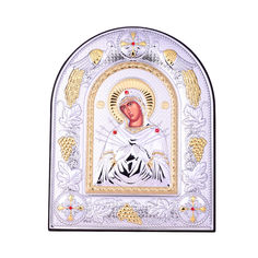 Акция на Посеребренная икона Богородица Семистрельная на подставке с красными кристаллами Swarovski 000131800 от Zlato