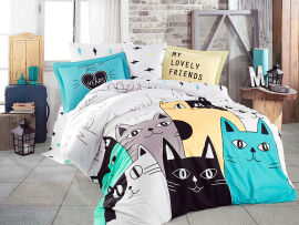 Акція на Комплект постельного белья Hobby Poplin Love Cats желтый с бирюзовым Полуторный комплект від Podushka
