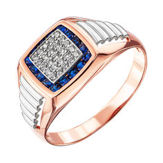 Акція на Золотой перстень-печатка в комбинированном цвете с синими и белыми фианитами 000137765	 20.5 размера від Zlato