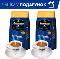 Акция на Набор Ambassador Кофе в зернах Blue Label 1 кг х 2 шт + Чашка с блюдцем 2 шт (8720254065557) от Rozetka UA