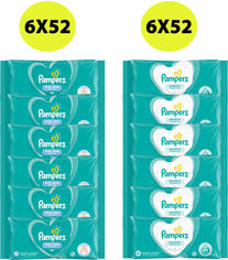 Акція на Упаковка детских влажных салфеток Pampers Sensitive 6 пачек по 52 шт + Fresh Clean 6 пачек по 52 шт (8001841743844) від Rozetka UA