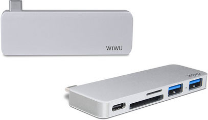 Акция на Wiwu Adapter T6 USB-C to USB-C+SD+2xUSB3.0 Hub Silver (TCH6SL) от Y.UA