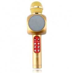 Акція на Детский беспроводной аккумуляторный караоке микрофон Wster WS1816 с колонкой Bluetooth с подсветкой Золотой від Allo UA