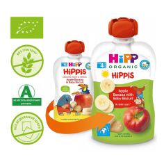 Акція на Фруктовое органическое пюре HiPP HiPPiS Яблоко-Банан c детским печеньем 100 г 8508 ТМ: HiPP від Antoshka