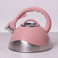 Акция на Чайник со свистком Kamille 3л из нержавеющей стали 0686A со стеклянной крышкой  цвет розовый от Podushka