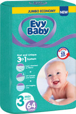 Акція на Подгузники детские гигиенические одноразовые Evy Baby Midi Jumbo 5-9 кг 64 шт (8690506520250) від Rozetka UA