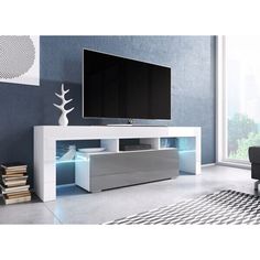 Акция на Мебель для телевизора CAMA TORO 138 классический стиль Белый мат/Серый глянец с подсветкой от Allo UA