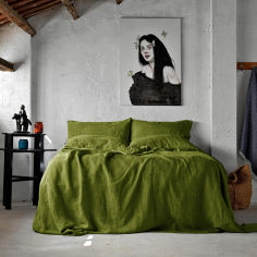 Акція на Льняное постельное белье Muse olive Stonewash SoundSleep Евро King Двуспальный евро комплект King Size від Podushka