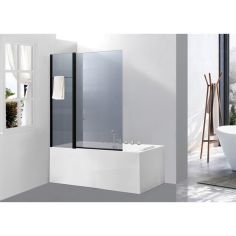 Акция на Стеклянная шторка ширма для ванны AVKO Glass 542-8 100x140 Clear две секции, черный профиль, универсальная, душевая перегородка от Allo UA