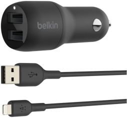 Акція на Автомобильное зарядное устройство Belkin Car Charger 24W Dual 2*USB-A + Lightning 1m, black від MOYO