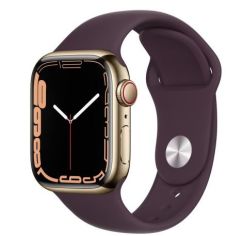 Акція на Apple Watch Series 7 45mm GPS+LTE Gold Stainless Steel Case with Dark Cherry Sport Band (MKJX3) від Y.UA