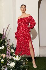 Акція на Червона квіткова сукня з розрізом від Gepur