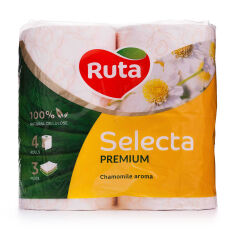 Акція на Туалетний папір RUTA Selecta з екстрактом ромашки, білий, 3-шаровий, 150 відривів, 4 рулони від Eva