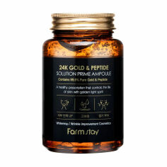Акція на Антивікова ампульна сироватка для обличчя FarmStay 24K Gold & Peptide Solution Prime Ampoule з 24-х каратним золотом та пептидами, 250 мл від Eva