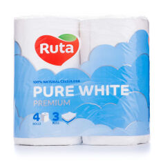 Акція на Туалетний папір RUTA Pure White білий, 3-шаровий, 150 відривів, 4 рулони від Eva