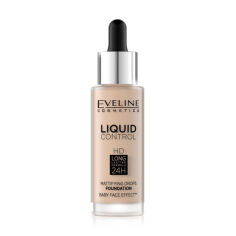 Акция на Рідка тональна основа для обличчя Eveline Cosmetics Liquid Control HD Mattifying Drops Foundation 24H 010 Light Beige, 32 мл от Eva