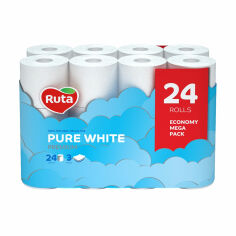 Акція на Туалетний папір RUTA Pure White білий, 3-шаровий, 150 відривів, 24 рулони від Eva