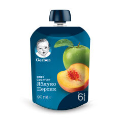 Акція на Дитяче фруктове пюре Gerber Яблуко та персик, з 6 місяців, 90 г (пауч) від Eva