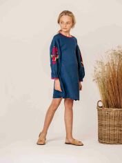 Акция на Дитяче святкове лляне плаття для дівчинки Карунос Мальва 122 см Синій джинс+малиновий от Rozetka