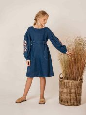 Акция на Дитяча святкова лляна сукня для дівчинки Карунос Мальва 128 см Синій джинс + Рожевий от Rozetka