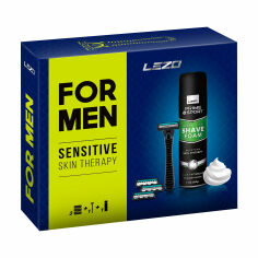 Акція на Подарунковий набір LEZO Box Prime Sport For Men Sensitive Skin Therapy (бритва з 3 змінними картриджами + піна для гоління, 200 мл) від Eva