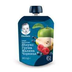 Акція на Дитяче фруктове пюре Gerber Яблуко, груша, малина, чорниця, з 6 місяців, 90 г (пауч) від Eva