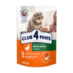 Акция на Вологий корм для дорослих кішок Club 4 Paws Premium з качкою в соусі, 100 г от Eva