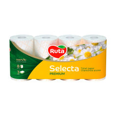 Акція на Туалетний папір RUTA Selecta білий, з ароматом ромашки, 3-шаровий, 150 відривів, 8 рулонів від Eva