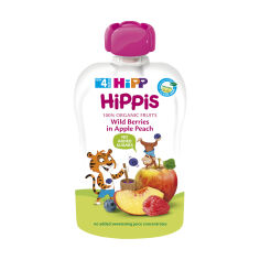 Акція на Дитяче фруктове пюре HiPP HiPPiS Яблуко-персик-чорниця-малина, з 4 місяців, 100 г (пауч) від Eva