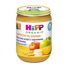 Акція на Дитяче фруктове пюре HiPP Organic Фрукти та злаки, Фруктове асорті з зерновими пластівцями, 190 г від Eva