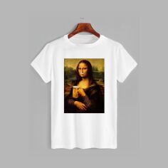 Акція на Футболка бавовняна довга чоловіча Likey Mona lisa and beer M150-0141 S Біла від Rozetka