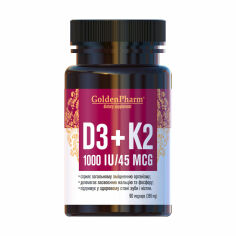 Акция на Вітамін Д3 Golden Pharm Vitamin D3 + K2 1000 МО/45 мкг, 90 капсул от Eva