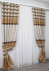 Акція на Комплект штор VR-Textil льон бежеві із золотистим та коричневим 270х150 см 2 шт (30-779) від Rozetka