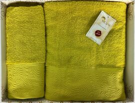 Акція на Набор махровых полотенец жаккард Arya Fold желтый 50х90 см и 70х140 см від Podushka