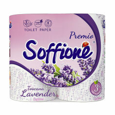 Акція на Туалетний папір Soffione Premio Toscana Lavender фіолетовий, 3-шаровий, 150 відривів, 4 рулони від Eva