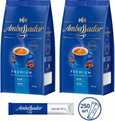 Акція на Набір кави в зернах Ambassador Premium 1 кг х 2 шт + цукор у стіках 250 шт х 4 г від Rozetka