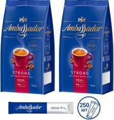 Акція на Набір кави в зернах Ambassador Strong 1 кг х 2 шт + цукор у стіках 250 шт х 4 г від Rozetka