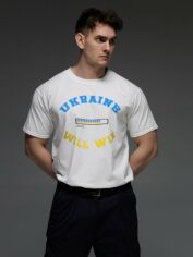 Акція на Футболка бавовняна довга чоловіча Aspirine Ukraine will win ASPW10058 M Біла з принтом від Rozetka