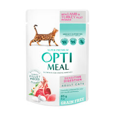 Акція на Беззерновий вологий корм для дорослих кішок Optimil з чутливим травленням, з ягням та філе індички в соусі, 85 г від Eva