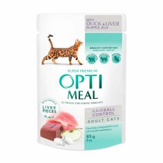 Акція на Вологий корм для дорослих кішок Optimil з еффектом виведення шерсті, з качкою та шматками печінки в яблучному желе, 85 г від Eva
