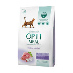 Акція на Повнораціонний сухий корм Optimeal для дорослих кішок з ефектом виведення шерсті зі смаком качки, 4 кг від Eva