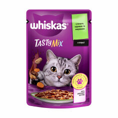 Акція на Вологий корм для дорослих кішок Whiskas Tasty Mix з ягням, куркою та морквою, 85 г від Eva