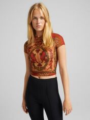 Акція на Футболка Bershka XAZ355625UDJL S Коричнева з помаранчевим від Rozetka