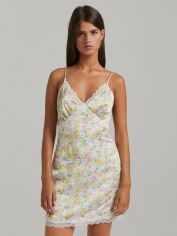 Акція на Сукня коротка літня жіноча Bershka XAZ355097JOYZ S Блідо-рожева з різнокольоровим від Rozetka