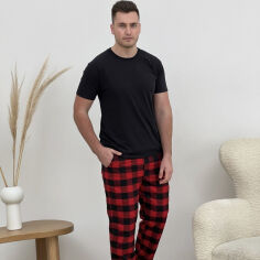 Акція на Пижама мужская демисезонная с черной футболкой Cosy черно-красная XXL від Podushka