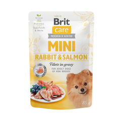 Акция на Вологий корм для дорослих собак мініатюрних порід Brit Care Mini з філе кролика та лосося в соусі, 85 г от Eva